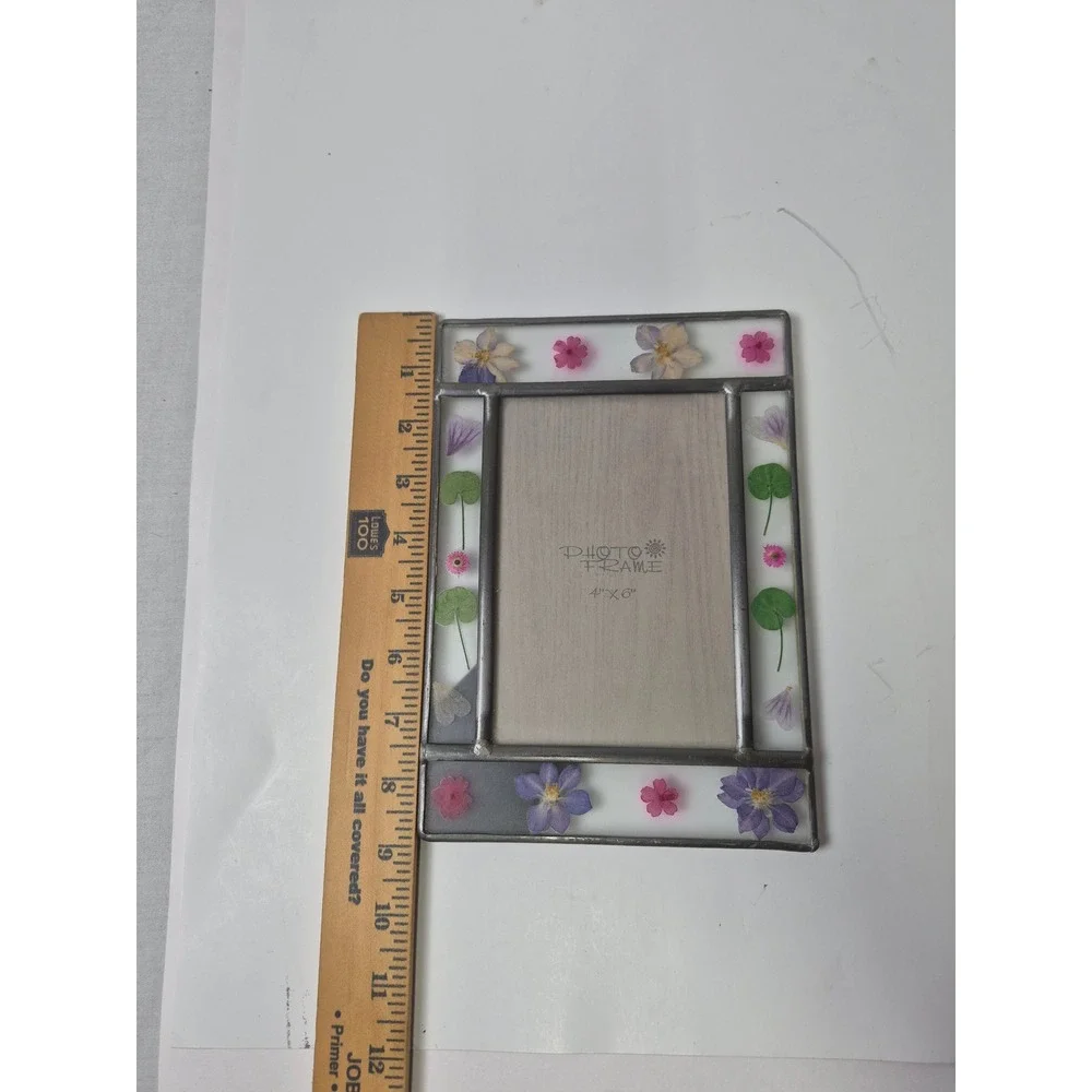 Vintage Stained Glass Pressed Flower Photo Frame 4x6 Botanical Cottagecore Decor
